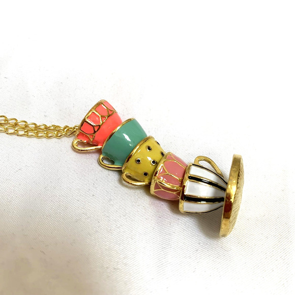 Multicolor Teacups & Saucers Necklace Drop Pendant Enameled Cups Gold Tone Chain - Picture 9 of 15